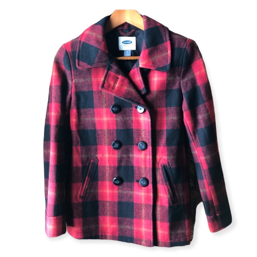OLD NAVY Buffalo Plaid Coat Wool Blend Button Up Peacoat Jacket Red Black XS